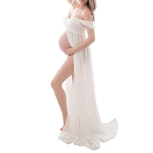 Jungerhouse Robes de Maternité Robe Sexy Sans Bretelles Jupes Enceintes Longue Photographie Robe en Mousseline de Soie Photo Shoot Vetements Grossesse (M,Blanc)
