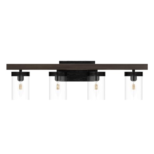 Image of Farmhouse Bathroom Light Fixtures, 4-Light Vanity Lighting Fixtures with Clear Glass Shade in Faux Wood & Black Silver Brushed Finish(28 inch in Length)