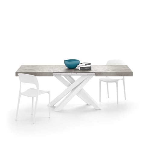 MOBILI FIVER, Mesa Extensible Emma 140(220) x90 cm, Color Cemento Gris con Patas Cruzadas Blancas, para 6-10 Personas, Mesa Extensible de Comedor, Mesa Cocina, Salon, Made In Italy