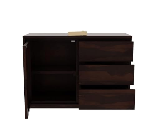 Image of Solid Sheesham Wood Walnut Finish 3 Drawer & 1 Door Chest Cabinet Storage Organizer Sideboard Console Cupboard Kitchen Buffet Unit Home Furniture for Office Living Bed & Dining Room