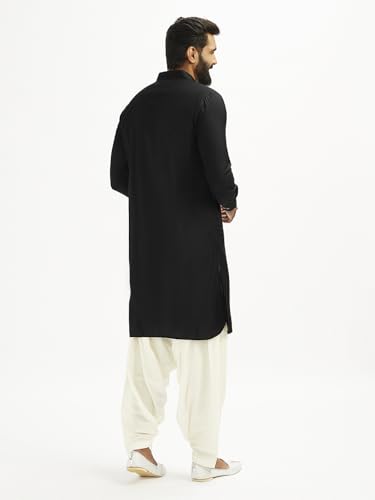 Image of VASTRAMAY Men's Black and White Viscose Pathani Kurta Set, Traditional Pathani Khan Suit Set in Viscose Fabric, and Salwar Patiala Pyjama for Weddings & Festival, Ethnic Outfit | Independence Day