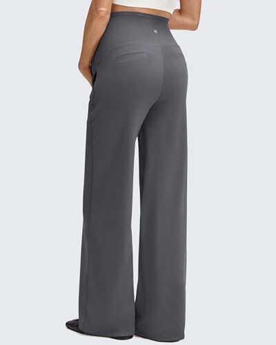 Image of G4Free BareFeel Maternity Pants Over the Belly Pregnancy Trousers for Work | High Waist Coverage,Two Side Pockets,Wide Leg Design,Soft Knit Fabric,for Dress Casual Yoga
