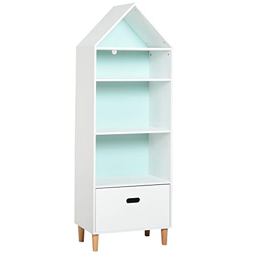 HOMCOM Libreria Scaffale Portagiochi per Cameretta Bimbi e Ragazzi, 1 Cassetto e 4 Ripiani, Bianca e Azzurra 50x30x142cm
