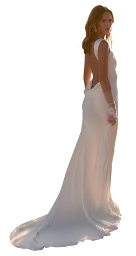 Women's Satin Mermaid Wedding Dresses for Bride 2025 Long Backless Boho Bridal Gown with Train