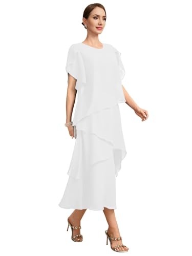 Chiffon Mother of The Bride Dresses for Women Tea Length Formal Wedding Guest Dress with Sleeves