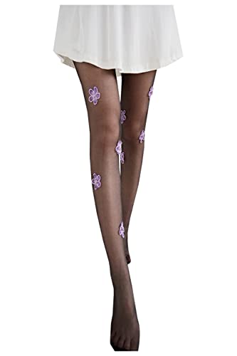 Image of Erinaco Women's Flower Pattern Sheer Footed Pantyhose Control Top Tights Stockings with Reinforced Toes