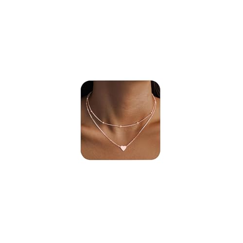 ALEXCRAFT Ketten Roségold Halskette für Damen, 14K Echte Vergoldet Roségold Stapelbare Doppel Layering Ketten Halsketten mit Herz Anhänger Multi Layered Boho Schmuck für Damen Frauen