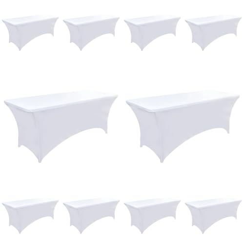 ZarzaaSik 10-Pack 6ft White Spandex Table Covers for Rectangle Standard Folding Tables - Wrinkle Resistant Stretch Tablecloths - Ultimate Fitted Table Protector for Parties, Banquet, Wedding