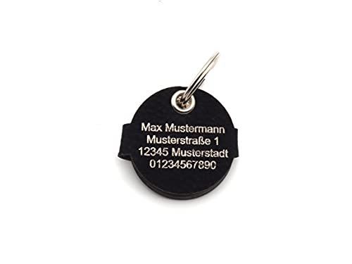 CopterFarm Hundemarkentasche für Hunde am Halsband | mit Gravur, Druckknopf | Kunstleder, Echtleder | Hundemarke | individuell beidseitig graviert (Schwarz, Rund)