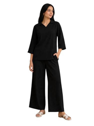 Image of Women's Co Ord Set for Women - Relaxed Fit Collared Top with 3 /4 Sleeves & Wide Leg Palazzo Pants, Casual Lounge Wear Matching Outfit for Daily Wear, Travel & Office