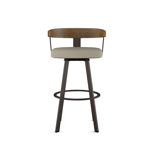 Image of Amisco Lars 30 inch Swivel Bar Height Barstool, Upholstered Stool with Solid Wood Back and Arms for Kitchen Island or Bar, Drees Stool, Greige Faux Leather /Light Brown Wood /Dark Brown Metal