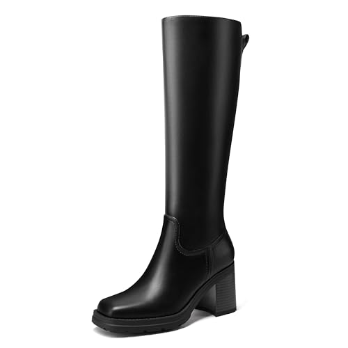 Dumjey Knee High Boots Women Platform Lug Sole Knee Boots Square Toe Stacked Chunky Heels Long Fall Boots with Zippers - Black 8.5 US