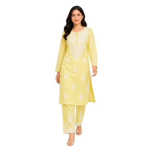 Image of Women's Chikankari Embroidered Straight Kurta with Palazzo Set, Traditional Kurti Bottom Set |Round Neck Full Sleeve Outfit for Daily,Office, Festive & Casual