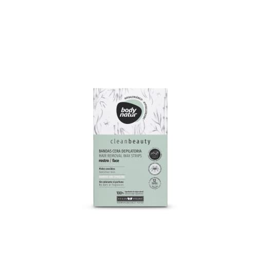 BODYNATUR - Banda Cera Clean Beauty Depilatoria Facial con Bambú y Spirulina - Cera Fría Depilatoria - Cera para Pieles Normales - 12 Bandas + 2 Toallitas Cover