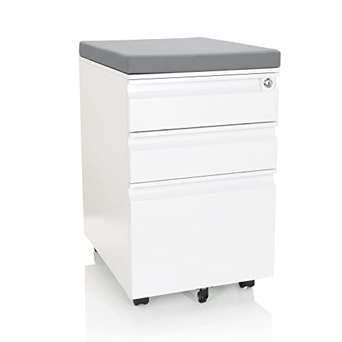 Preisvergleich Produktbild hjh OFFICE 743020 Rollcontainer mit Sitzkissen Color OS Stahl Weiß / Grau Rollschrank mit A4 Hängeregister, abschließbar