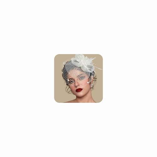Masedy Fascinators Hats for Women Tea Party Hat Feather Mesh Headband Vintage Lace Headwear Veil Hair Clip Church White