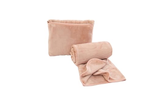 WillerS ブランケット コンパクト 毛布 持ち運び 冬用 膝掛け 携帯 ハーフケット 毛布 100×140cm ふわふわ あったか フランネル くるんと収納 クッションになる おしゃれ 小さくたためる (グレーピンク, 100*140cm)