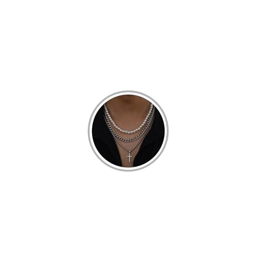 Pearl Necklace for Men Layered Cuban Link Cross Necklaces Mens Stainless Steel Chain Faux Pearl Choker Compass Pendant 3PCS Necklaces Set for Men Women Jewelry Gift