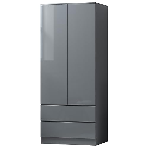 FWStyle Matt Grey With Grey Gloss Doors 2 Door 2 Drawer Combination Wardrobe, Scandinavian Bedroom Nursery Storage with Handleless Design, Hanging Rail and Soft Close Hinges, W80 x H180 x D50cm