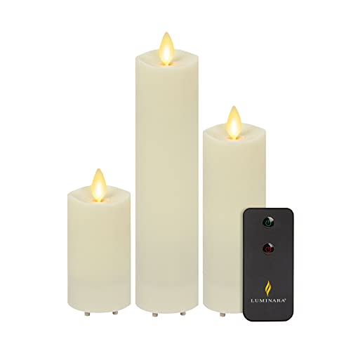 Image of Luminara Outdoor Slim Pillar Flameless LED Candle, Set of 3 Ivory, Moving Flame Weather Resistant Remote Timer Ready Battery Operated Safe Melted Edge