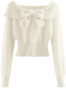 Verdusa Women's Bow Sweater Foldover Cinched Waist Crop Tops Tren...