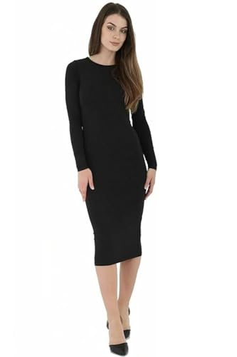 STAR FASHION Women's Long Sleeve Bodycon Midi Dress Ladies Round Neck Stretchy Plain Dress Plus Size Black-12-14