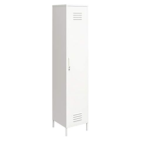 REALROOMS Shadwick 1 Door Tall Single Metal Locker Style Storage Cabinet, Soft White Cover