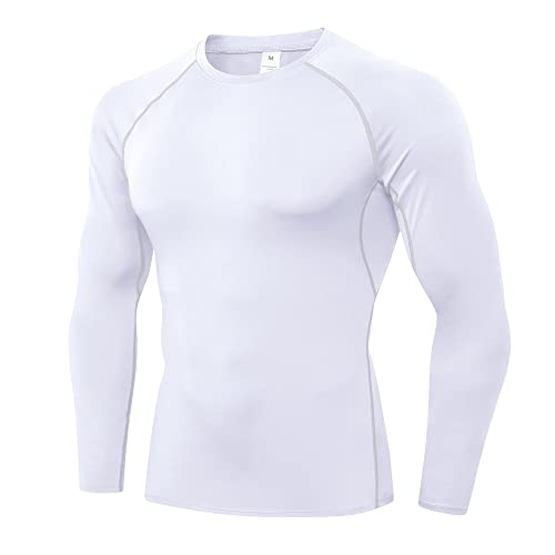 Eargfm Men's Athletic Compression Shirts Long Sleeve Workout Running Base-Layer Cool Dry Active Trainning T-Shirt Tops White #TOP15
