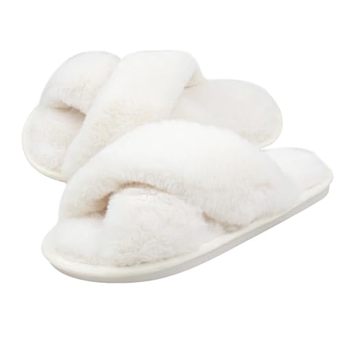 Women Fluffy Cross Band House Slippers Fuzzy Open Toe Slippers Slip-on Cozy Plush Home Shoes Indoor Outdoor2