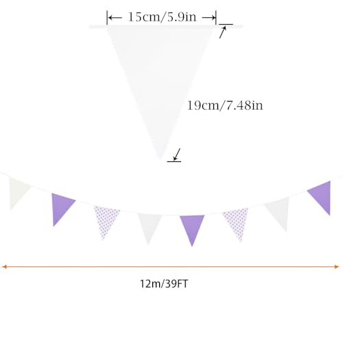 Image of Zwiebeco 39Ft Purple White Dot Fabric Bunting Banner Triangle Flags Hanging Cotton Garland Pennant for Wedding Birthday Tea Party Nursery Home Outdoor Garden Decorations