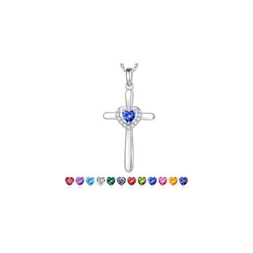Iefil Cross Necklace for Women - 925 Sterling Silver Heart Cross Necklace Birthstone Jewelry Gifts for Women Wife Mom Girlfriend