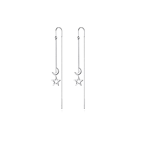 Reffeer Solid 925 Sterling Silver Moon Star Threader Dangle Earrings Chain for Women Teens Long Dangle Earrings Tassel Chain