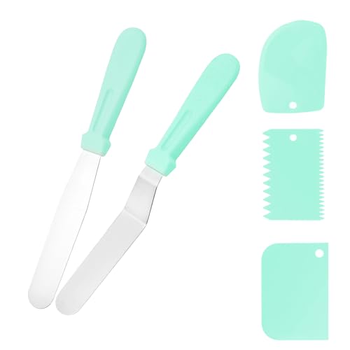 Spatule Pâtisserie Inox Patisserie Spatule Coudee et Droite pour Gateau Lissage de 27cm,3cm de lame -avec 3 Grattoir Plastique (Bleu Pastel)