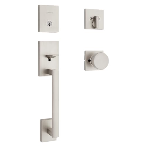Image of Kwikset San Clemente Front Door Lock Handle and Deadbolt Set, Entry Handleset Exterior with Square Pismo Interior Door Knob, Satin Nickel, Pick Resistant SmartKey Rekey Deadbolt Security