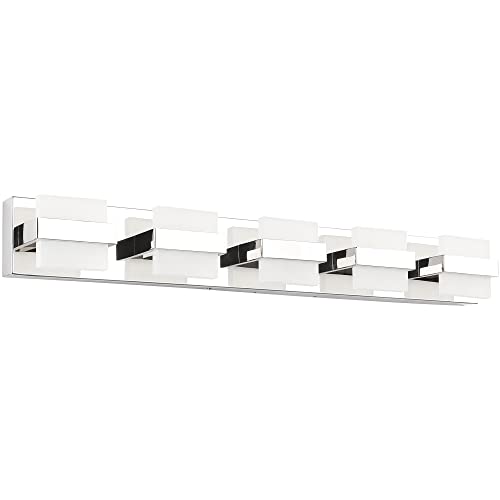 Image of SOLFART 5 Lights Chrome Bathroom Lights Over Mirror Modern LED Vanity Light Bathroom Vanity Lighting Fixtures 34 inch White Light Non Dimmable