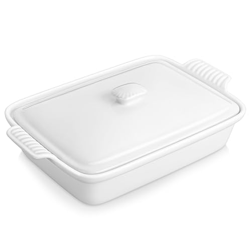 Image of MALACASA 3.4 Quart Baking Dish With Lid, Porcelain Casserole dish with Lid, 13 x 9 Lasagna Pan Deep with Lid, Rectangular Bakeware With Handle, Microwave, Oven Safe, White, Series BAKE