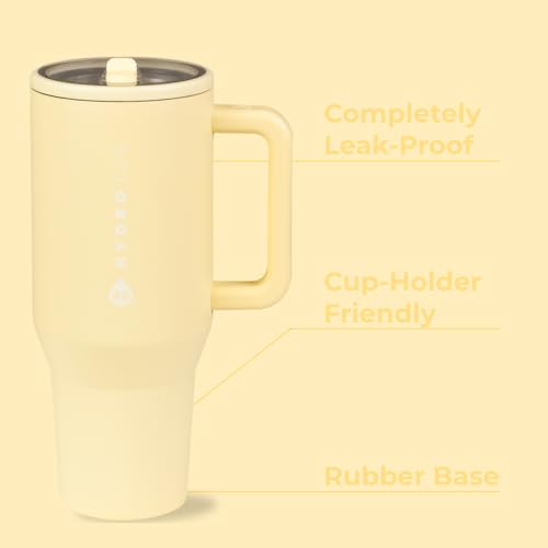 Image of HydroJug Traveler - 40 oz Water Bottle with Handle & Flip Straw - Fits in Cup Holder, Leak Resistant Tumbler-Reusable Insulated Stainless Steel & Rubber Base - Gifts for Women & Men, Butter