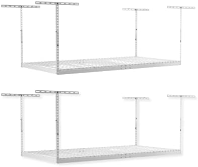 MonsterRax Overhead Garage Storage Rack- 4 x 8 Ceiling Rack for Garage Shelving, Organization, & Storage, Adjustable Hanging Storage for Bikes, Equipment & Accessories (White, 18"-33", 2-Pack).