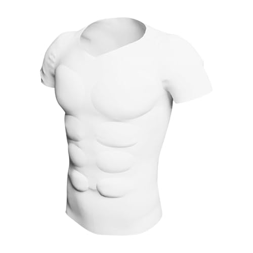 Qianly Fake Muscle Suit Shirt Men Simulation Padded Muscle Shirt for Dress Wedding, L White