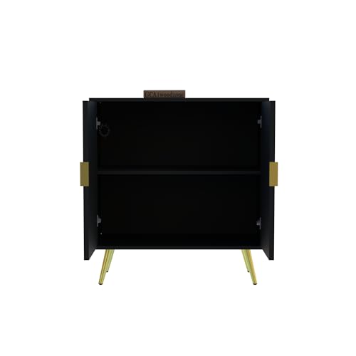 Image of Wooden Fluted Design Storage Cabinet with 2 Doors | Modern Sideboard Cabinet for Living Room, Bedroom & Entryway | Multipurpose Organizer Cupboard | HDMR Premium Wood | Gold Metal Legs (Black)