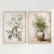 KEMEIQI Vintage-Aquarell-Olivenzweig-Druckposter (60 x 90 x 2 cm/Rahmen)