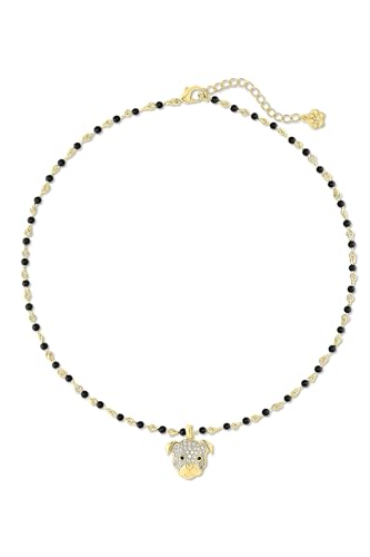 24K Gold Plated Crystal CZ Studded Dog Pendant Necklace for Women with Black Beaded Chain