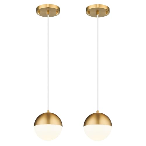 LMS Mid Century Pendant Lights, Brushed Gold Kitchen Island Light Fixtures with White Globe Glass...