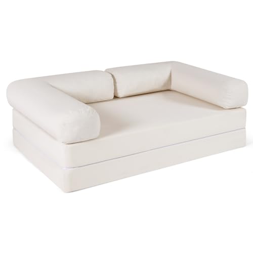 COSTWAY Sofá Cama Plegable, Sofá de Suelo Convertible con Relleno de Espuma, Funda de Pana Desmontable, Resposabrazos en L, Puff Cama sin Estructura para Salón Sala de Juegos, Beige