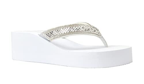 Image of REDVOLUTION New Women's Rhinestone Sandals Platform T-Strap Jewel Sandals High Wedge Flip Flops