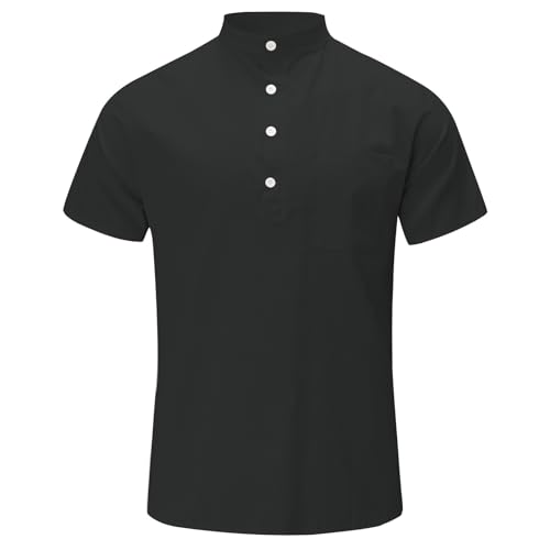 Cotton Linen Henley Shirts for Men Vneck Short Sleeve Tops Thin Lightweight Breathable Beach Vacation Tee with Pocket3