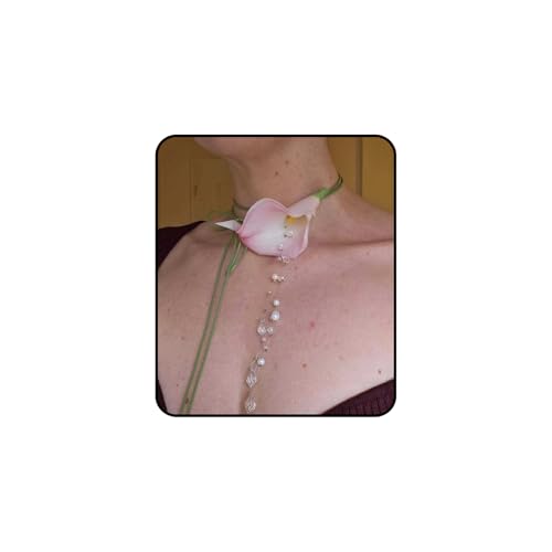 Flower Necklaces For Women, Calla Lily Flowers Choker Necklace Colorful Adjustable Ribbon Wrap Pearl Crystal Tassel Statement Jewelry Gifts