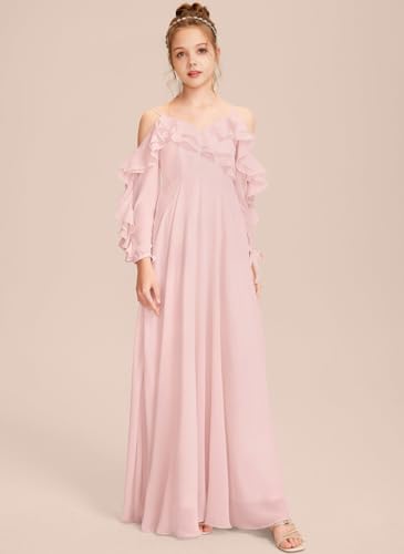 Off Shoulder Junior Bridesmaid Dresses with Sleeves Long A Line Ruched Ruffles Chiffon Flower Girl Dress for Wedding3