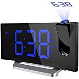 Projection Alarm Clock, 15 FM Radio Digital Clock, Dual Alarms with 4 Sounds, 6 Dimmer, 7'' Large Curved Screen, USB Phone Charging Port, 120° Adjustable Ceiling Projection Clock, Sleep Timer (Blue)