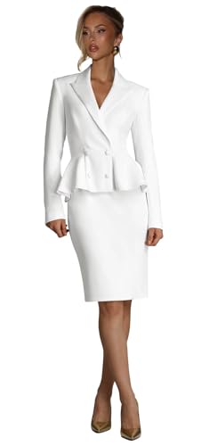 Hoawsyu White Skirt Suit Set for Women 2 Piece Dressy Womens Skirt Suit Business Sexy Double Breasted Peak Lapel Dress Suits Size Large